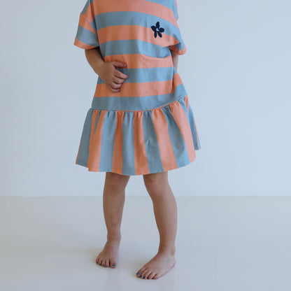 Children’s organic cotton Sherbet Stripe Dress by OLLE, with drop waist, bold stripes, and chest embroidery