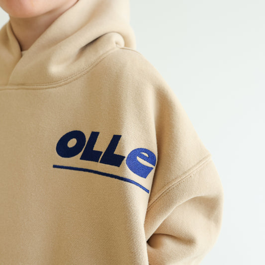 Children’s organic cotton Skate Hoodie in Sand by OLLE, with relaxed fit, embroidery, and double-layer hood