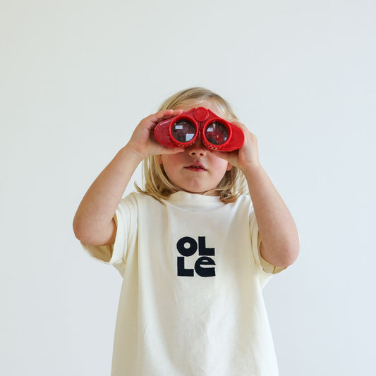 Children’s organic cotton OG Tee in Ecru by OLLE, with Midnight embroidery and relaxed fit