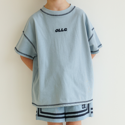 Children’s oversized organic cotton Topstitch Tee in Seafoam by OLLE, with contrast stitch and skate logo